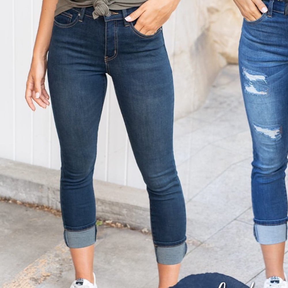 Grace & Lace Waist Shaper Large Cuff Cropped Skinny Jeans, Size 8 Dark Blue
